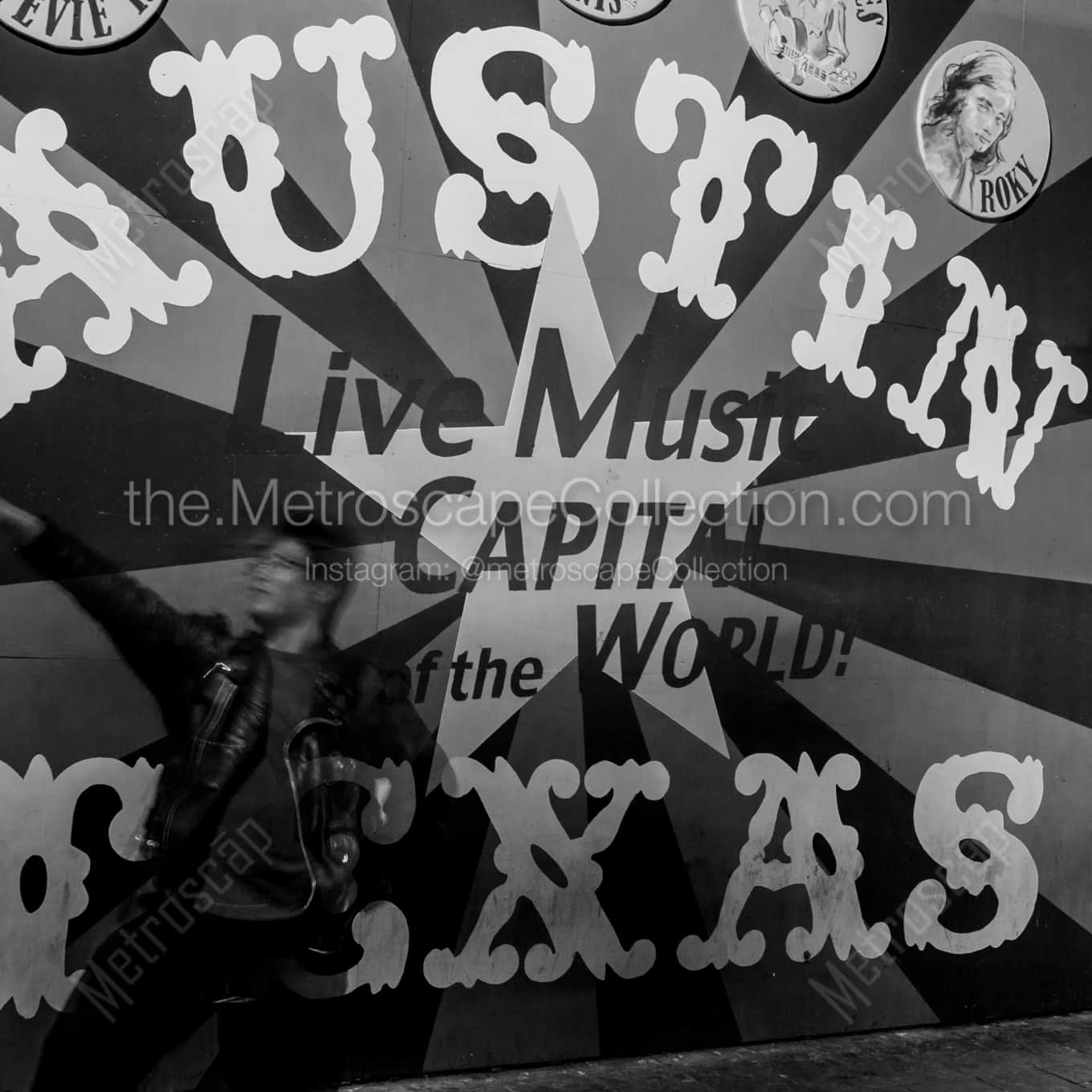 The Live Music Capital of the World Mural night time black and white Photography square crop