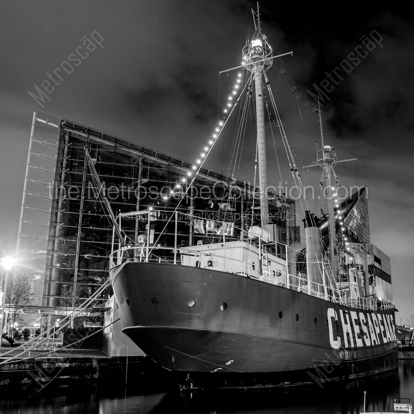 The Chesapeake Lightship on the Inner Harbor night time black and white Photography square crop