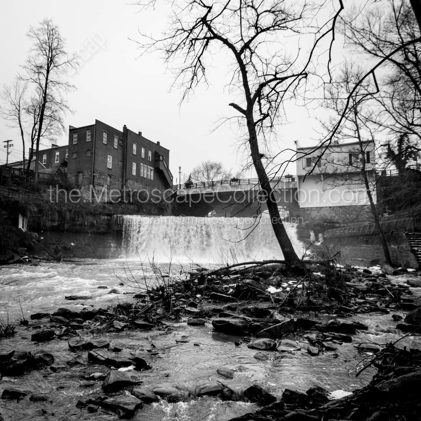 Stones and Debris Downstream of Chagrin Falls night time black and white Photography square crop