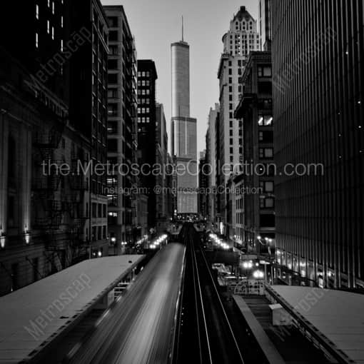 A Chicago El Train and Trump Tower -- Chicago Black and White Photography