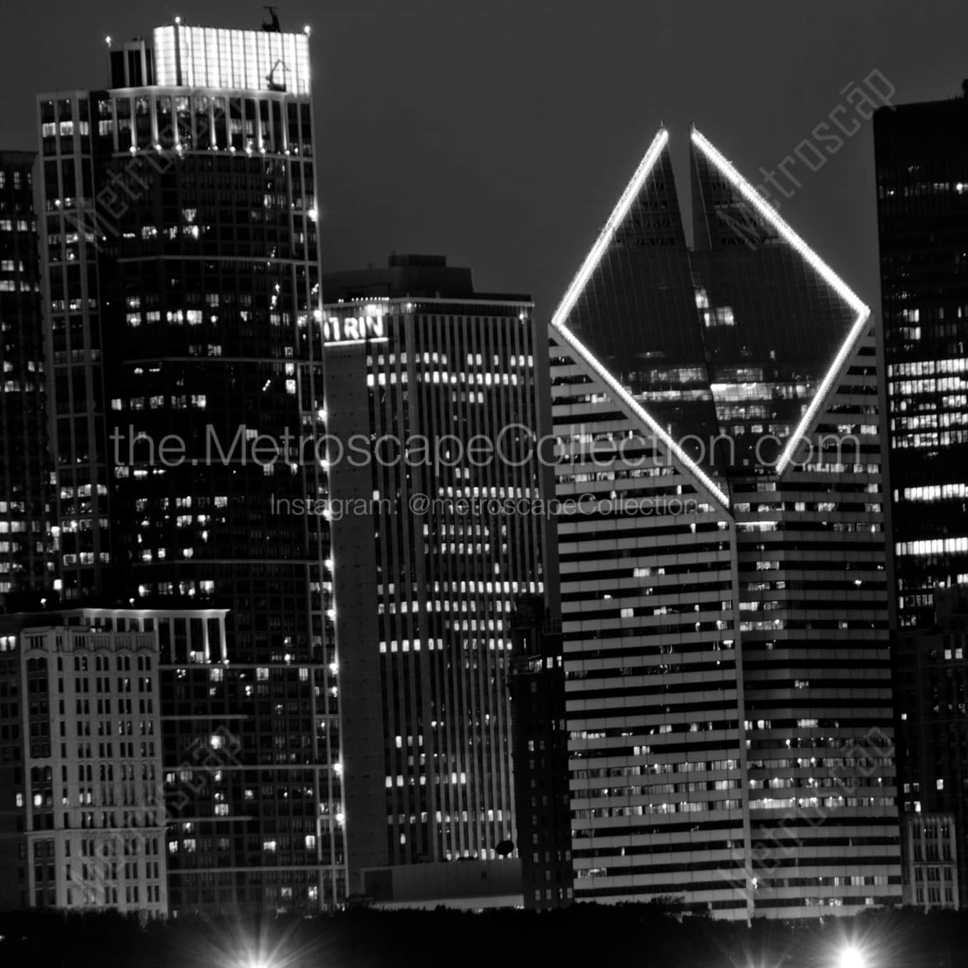 The Top of the Smurfit Stone Building night time black and white Photography square crop