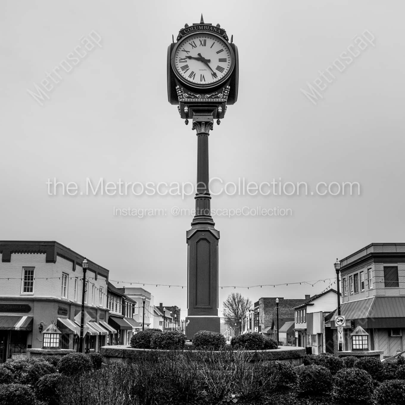 The Columbiana Town Center Clock night time black and white Photography square crop
