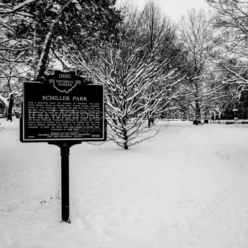 The Schiller Park Ohio Historical Marker in the Snow -- Columbus Black and White Photography