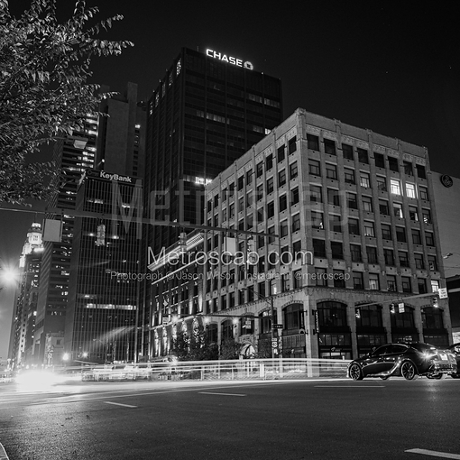 Matte Black MDF Framed Black and White Columbus Photograph: Broad and 4th at Night in a Square Matte Black MDF Frame