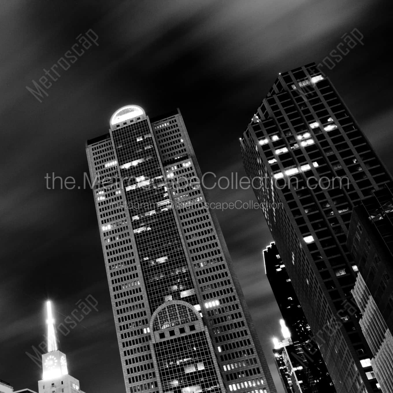 The Comerica Building and 1700 Pacific night time black and white Photography square crop