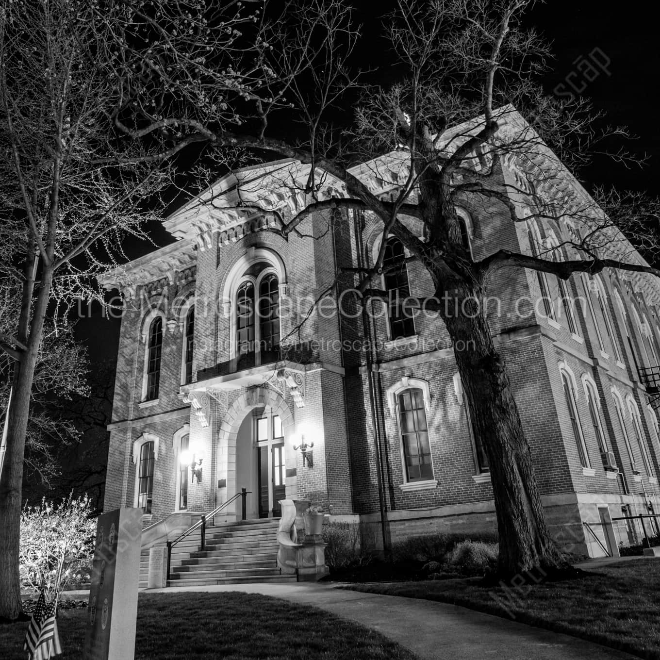 The Delaware County Ohio Court House on Sandusky Street night time black and white Photography square crop