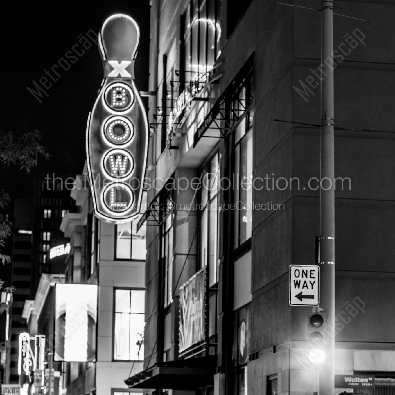 Bowling on the 16th Street Mall at Welton night time black and white Photography square crop