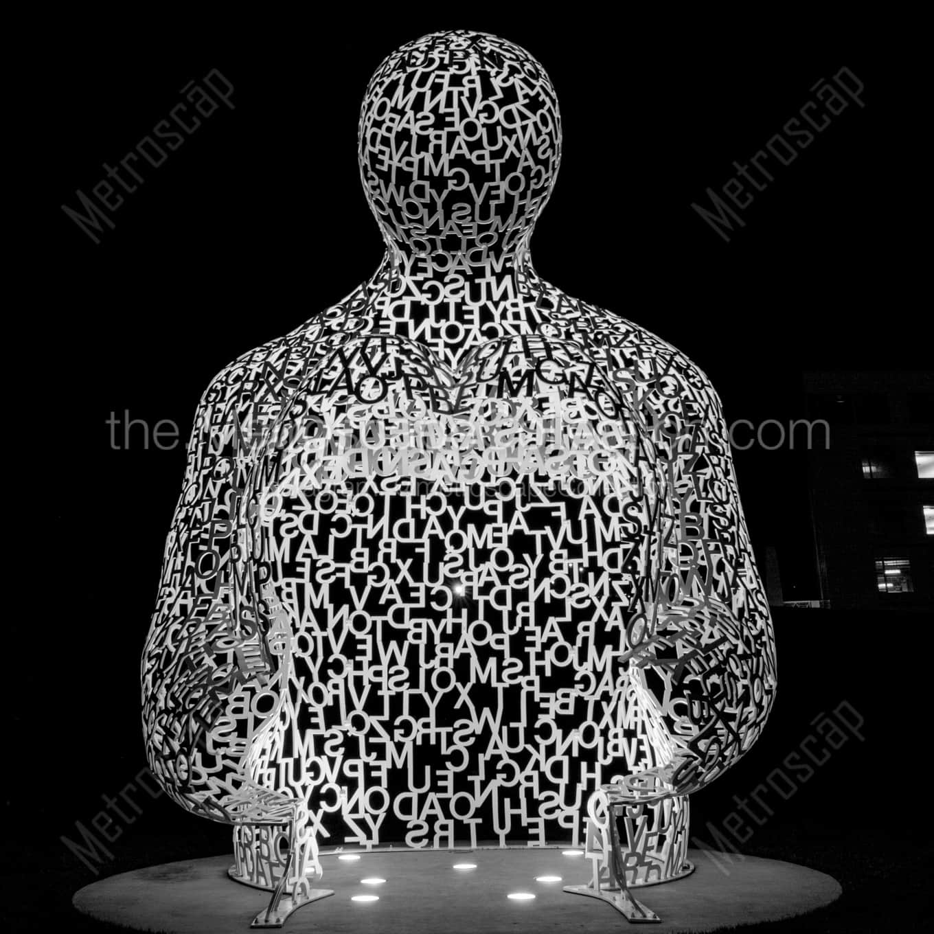 The Nomade Sculpture in Pappajohn Park night time black and white Photography square crop
