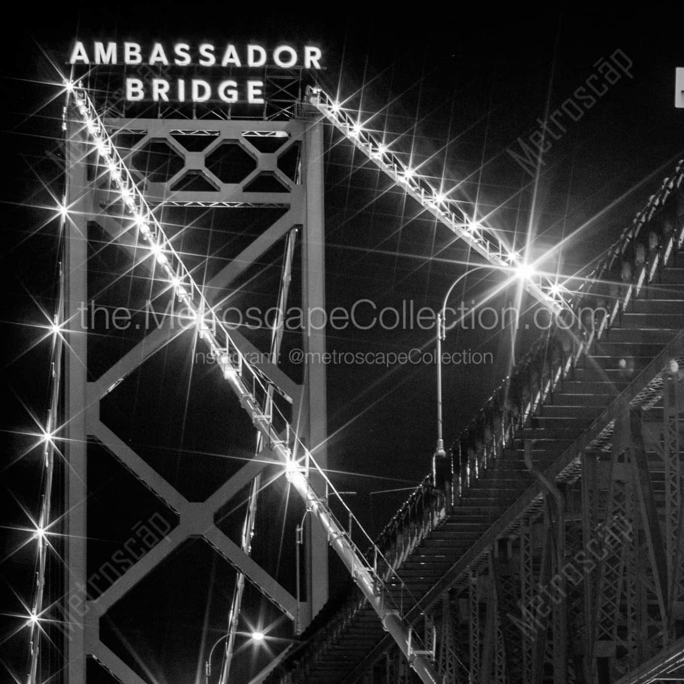 The Ambassador Bridge night time black and white Photography square crop