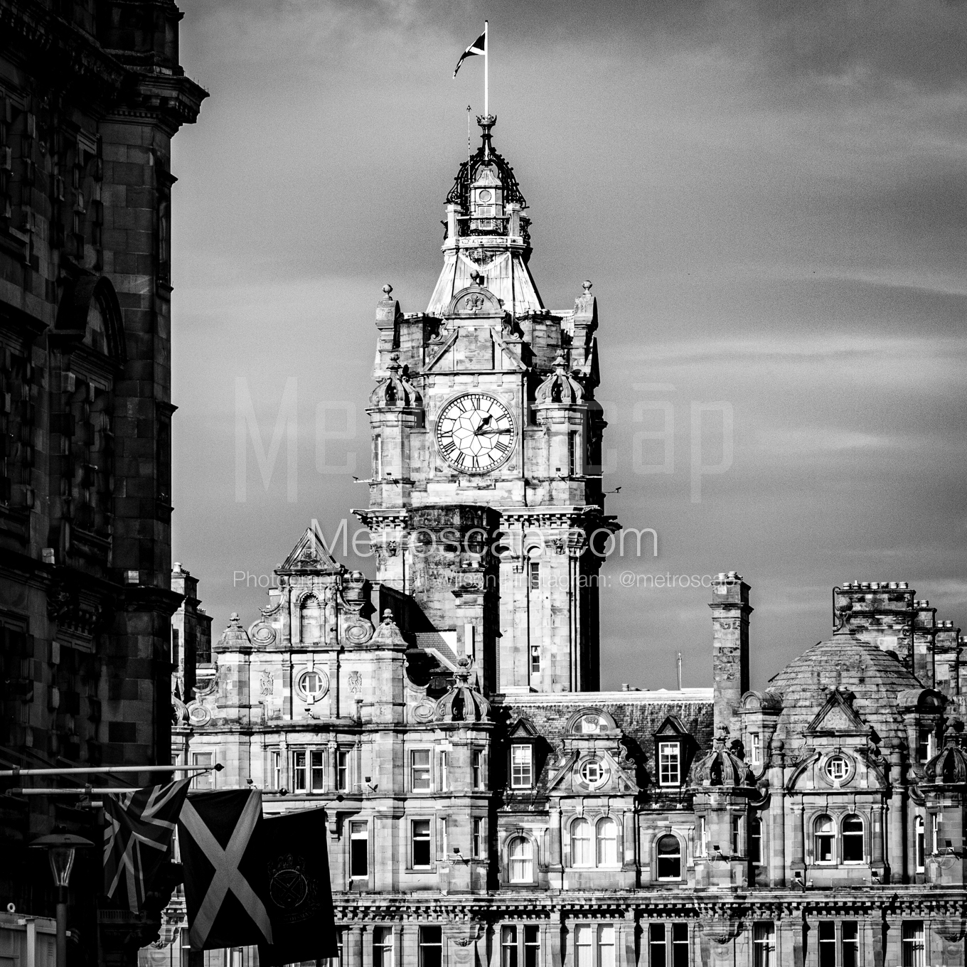 The Balmoral Hotel night time black and white Photography square crop