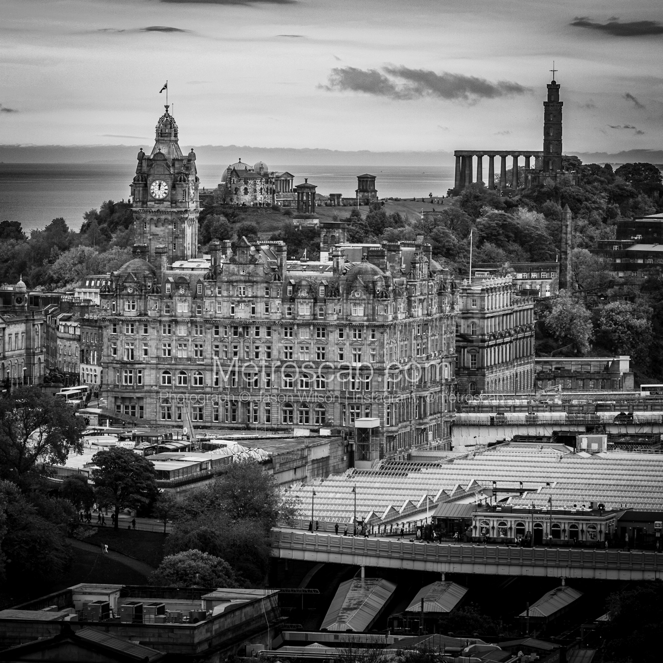 Calton Hill and the Balmoral Hotel night time black and white Photography square crop