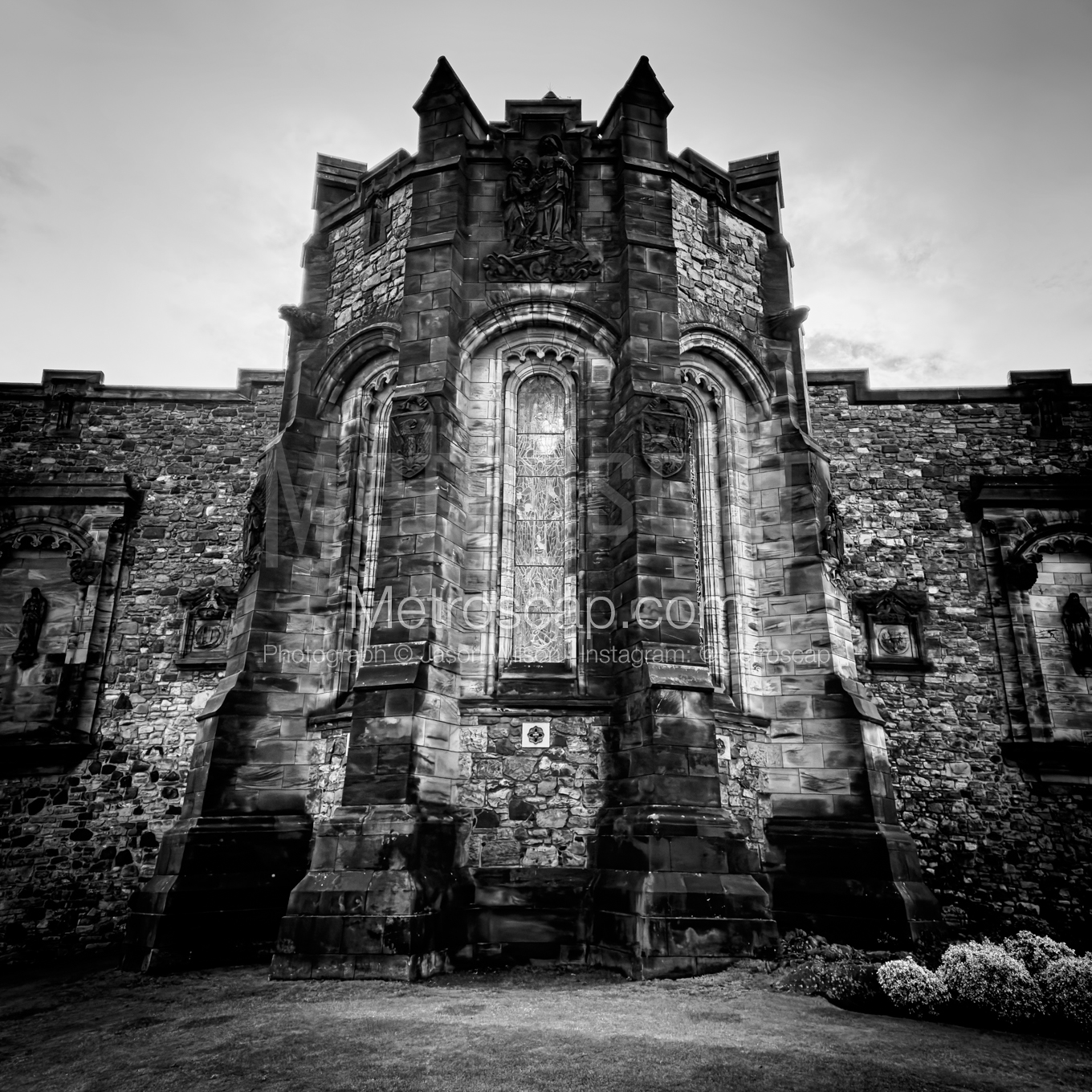 The Scottish War Memorial at Edinburgh Castle night time black and white Photography square crop