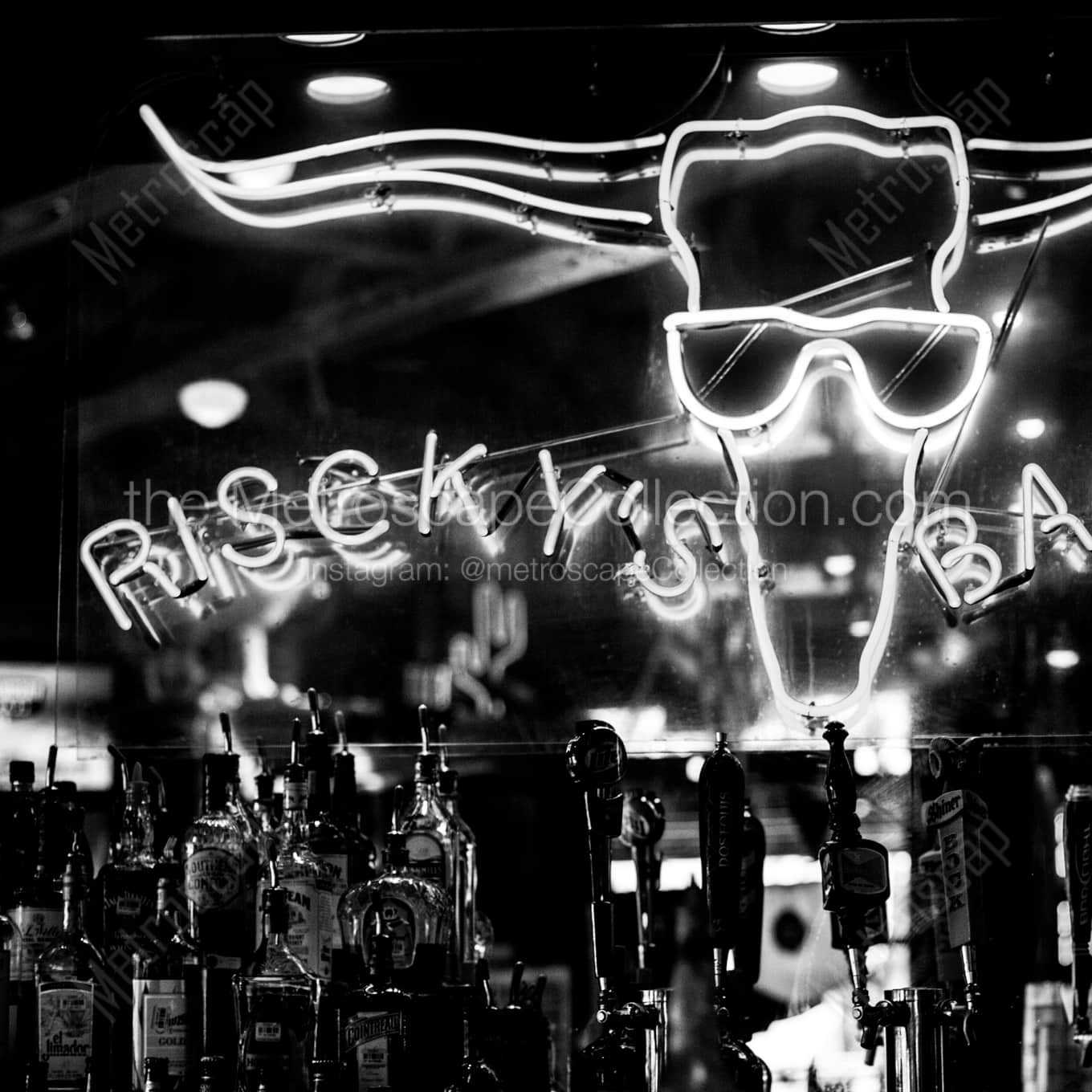 Riscky's Barbeque night time black and white Photography square crop