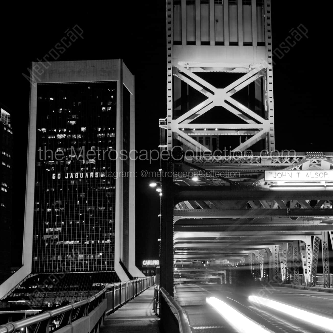 The Main Street Bridge and Modis Building night time black and white Photography square crop