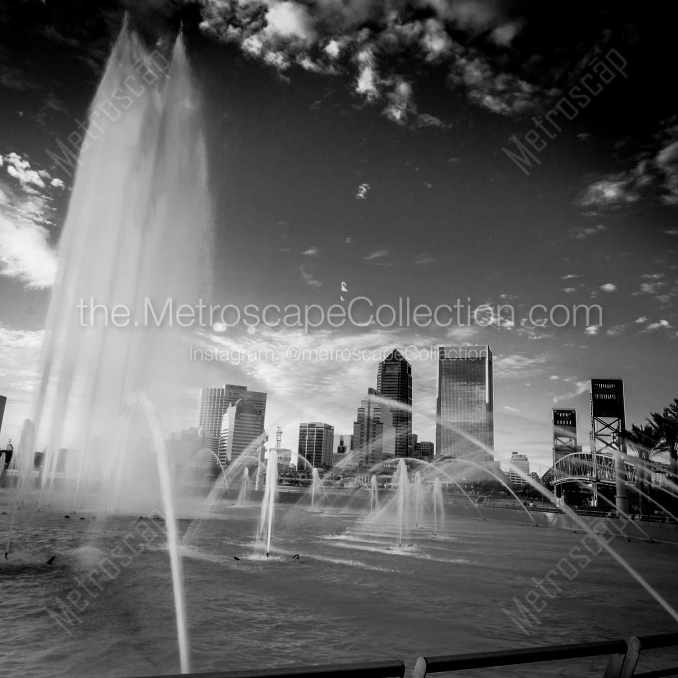 The Jacksonville Skyline and Friendship Fountain night time black and white Photography The Jacksonville Skyline and Friendship Fountain night time black and white Photography square crop