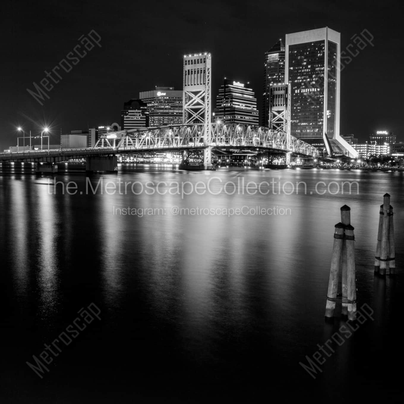 The Jacksonville Skyline on the St Johns River Banks night time black and white Photography square crop
