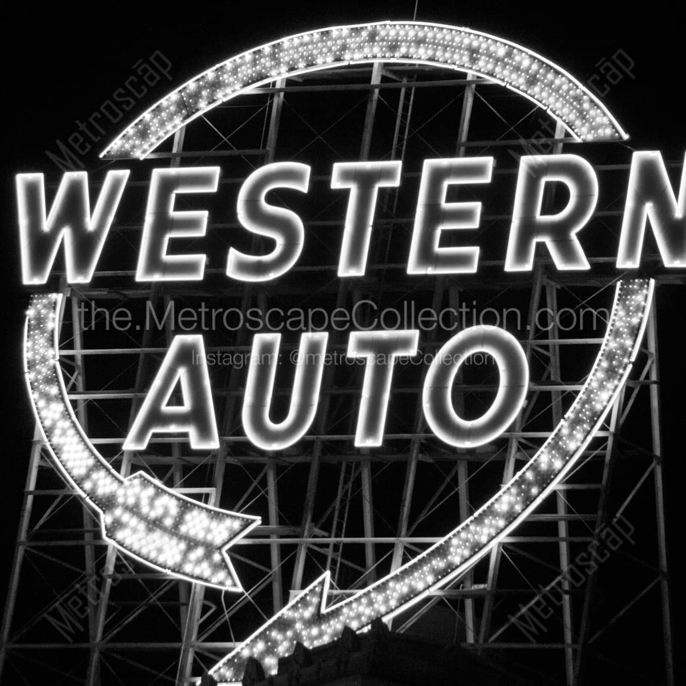 The Western Auto Sign night time black and white Photography square crop