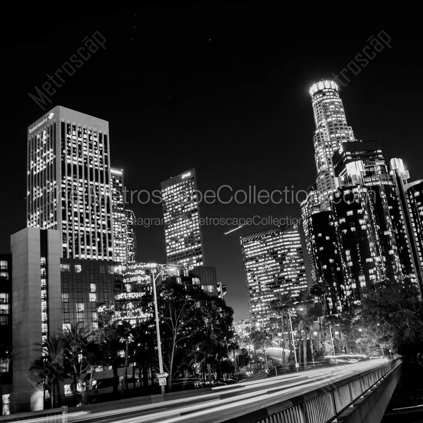 The Los Angeles Skyline Featuring the US Bank Building and Bank of America Building night time black and white Photography square crop