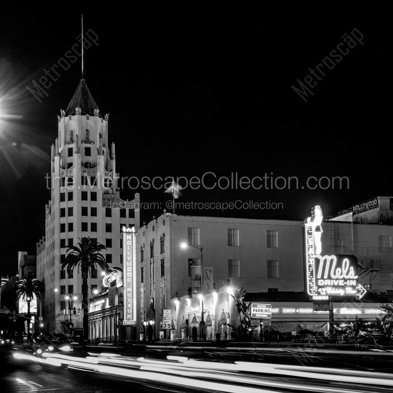 The Hollywood Museum and First National Building night time black and white Photography square crop