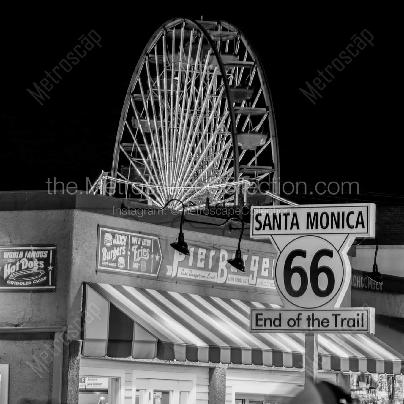 The End of Route 66 in Santa Monica night time black and white Photography The End of Route 66 in Santa Monica night time black and white Photography square crop