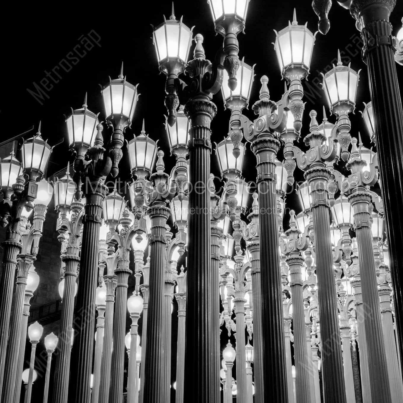 The Urban Lights at LACMA night time black and white Photography square crop