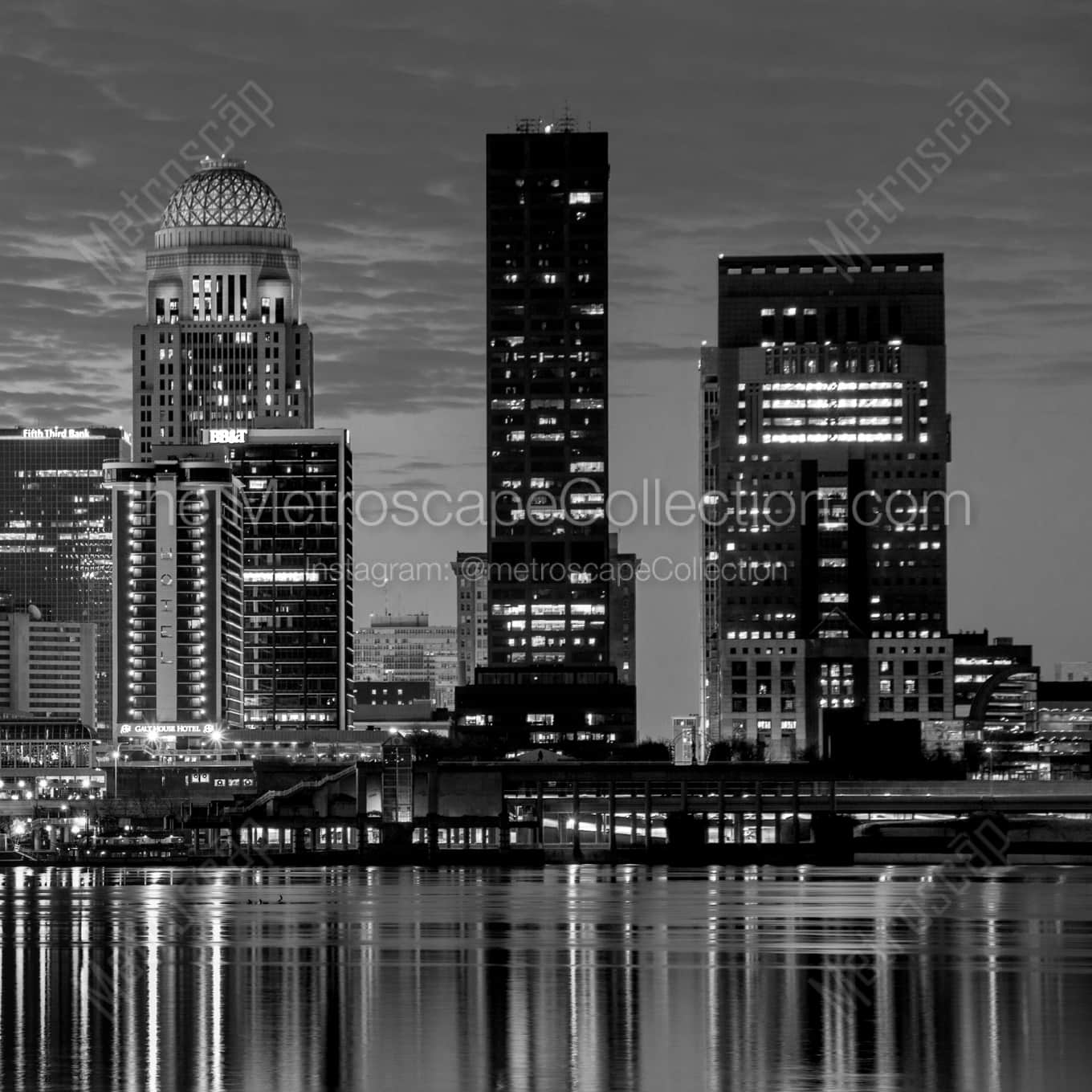 The Louisville Skyline and Ohio River night time black and white Photography square crop