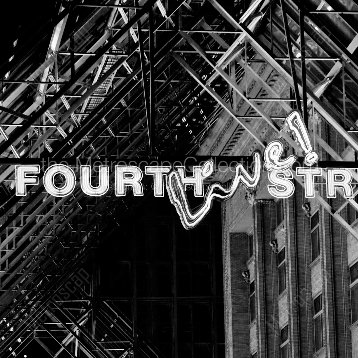 Fourth Street Live Scaffolding night time black and white Photography square crop