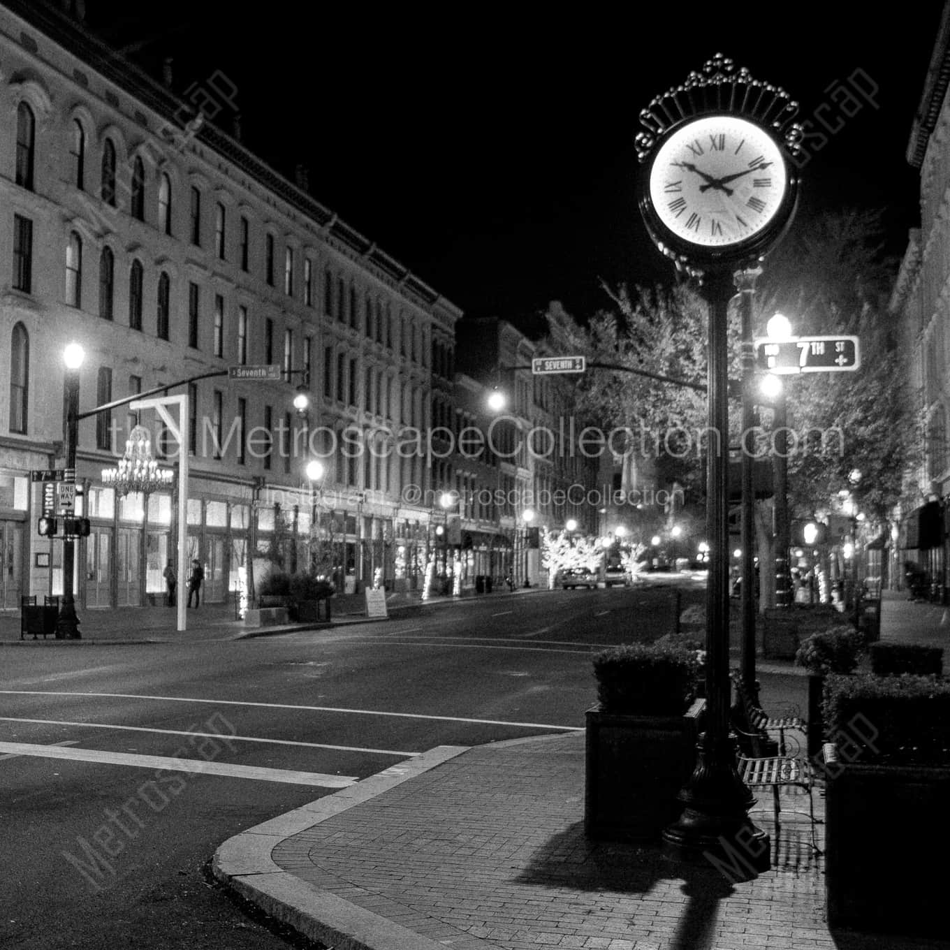 The Clock at Seventh and Main night time black and white Photography square crop