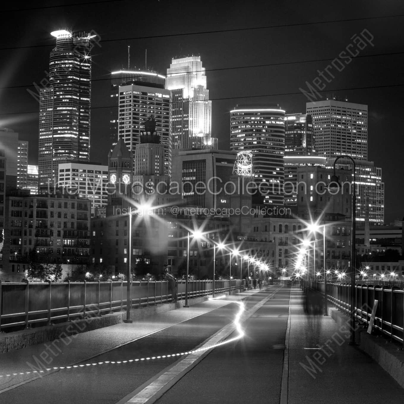 The Minneapolis Skyline from the Stone Arch Bridge night time black and white Photography square crop