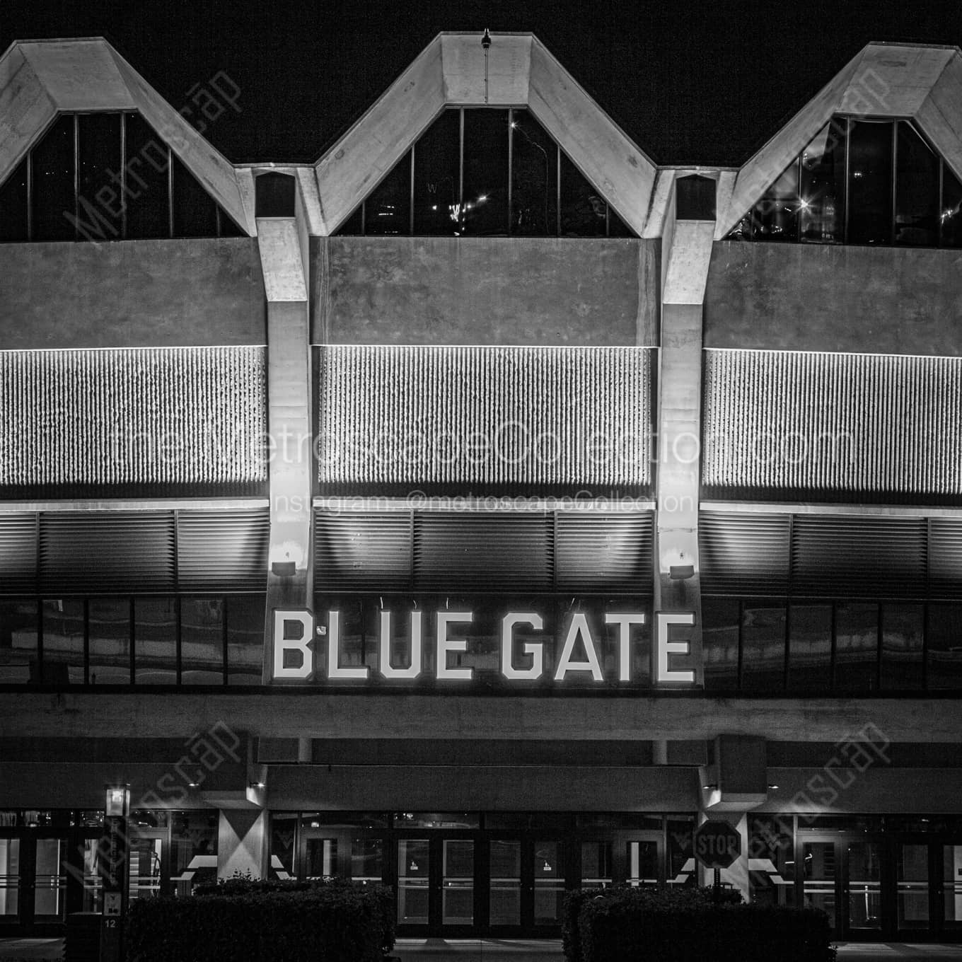 WVU Coliseum Blue Gate at Night night time black and white Photography square crop