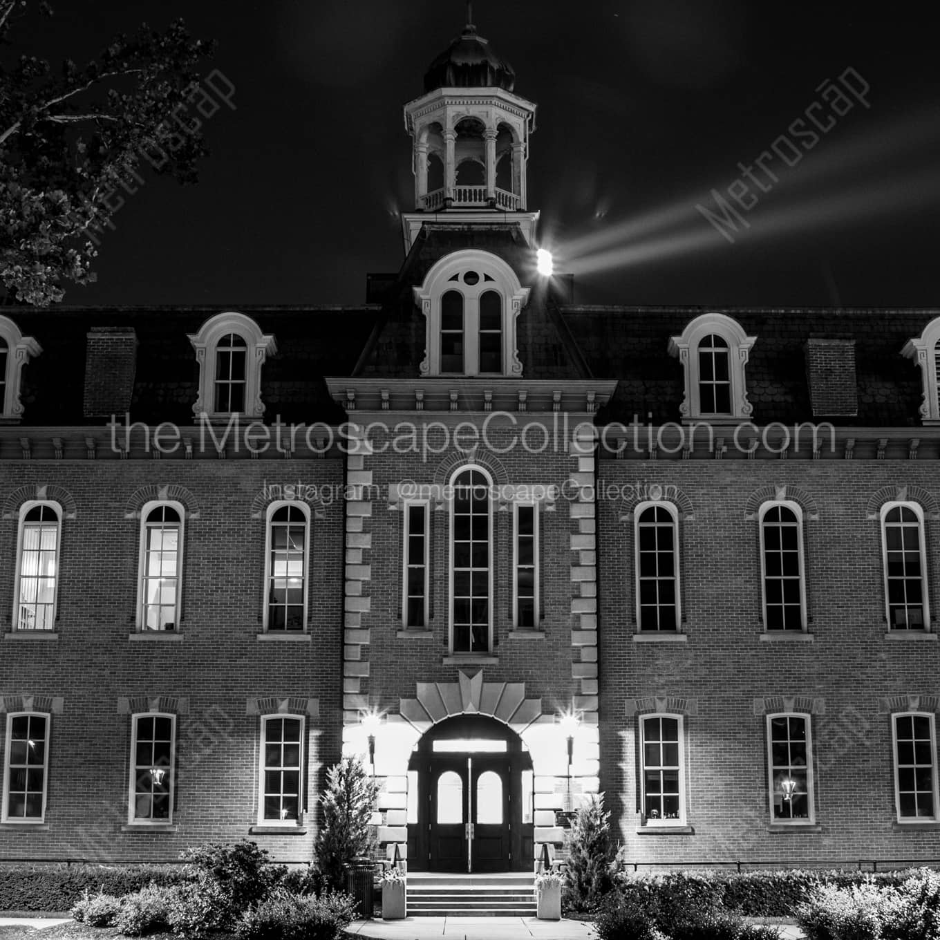 WVU Martin Hall at Night night time black and white Photography square crop