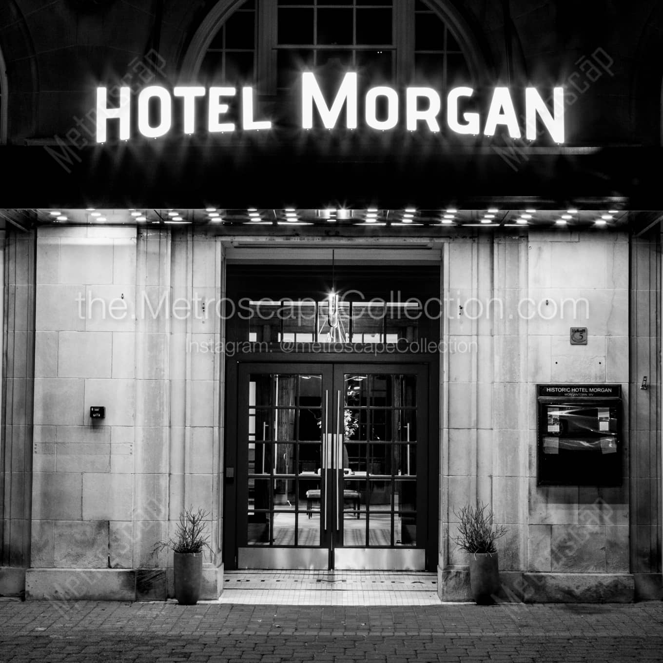 Hotel Morgan at Night night time black and white Photography square crop