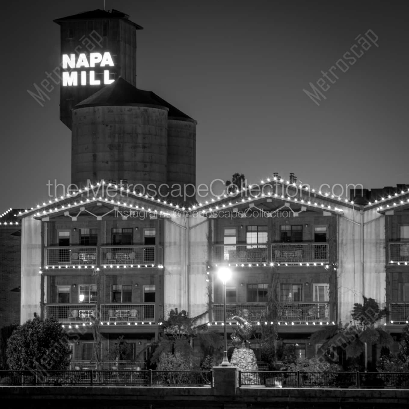 The Napa Mill at Night night time black and white Photography The Napa Mill at Night night time black and white Photography square crop