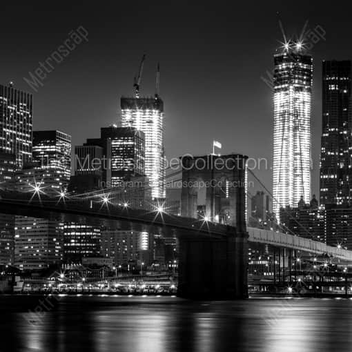 The Brooklyn Bridge and Freedom Tower at Night -- New York City Black and White Photography