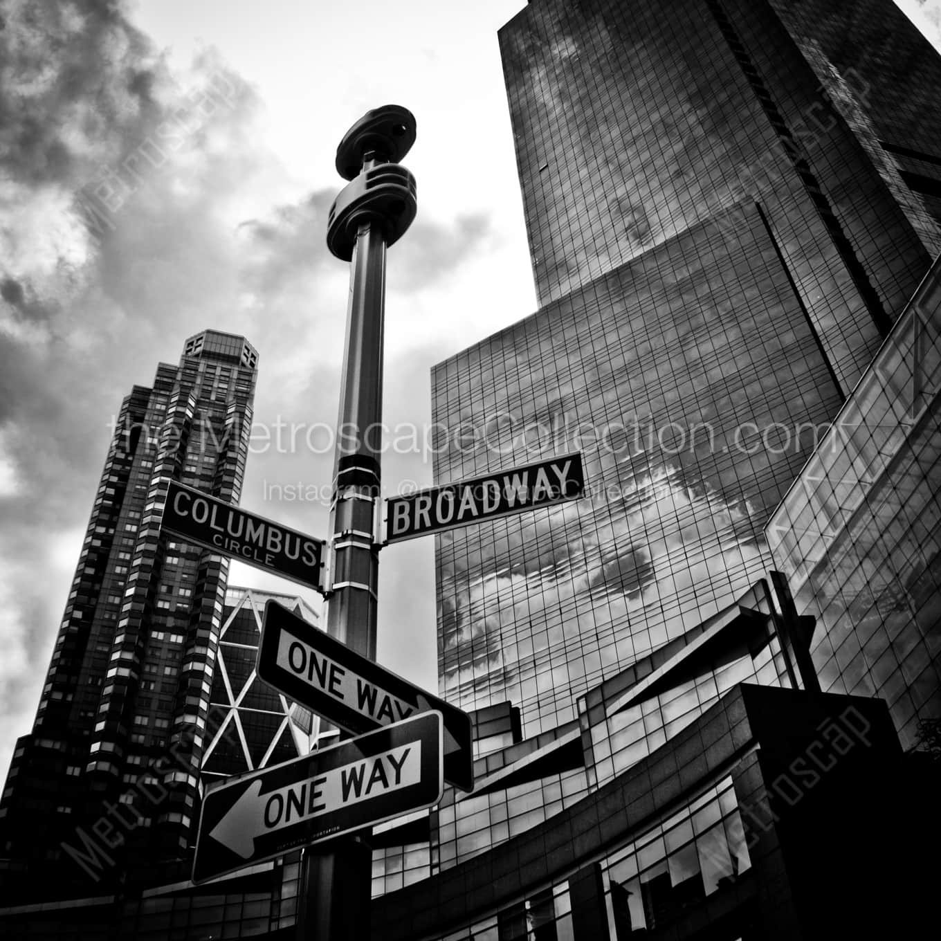 Columbus Circle night time black and white Photography square crop