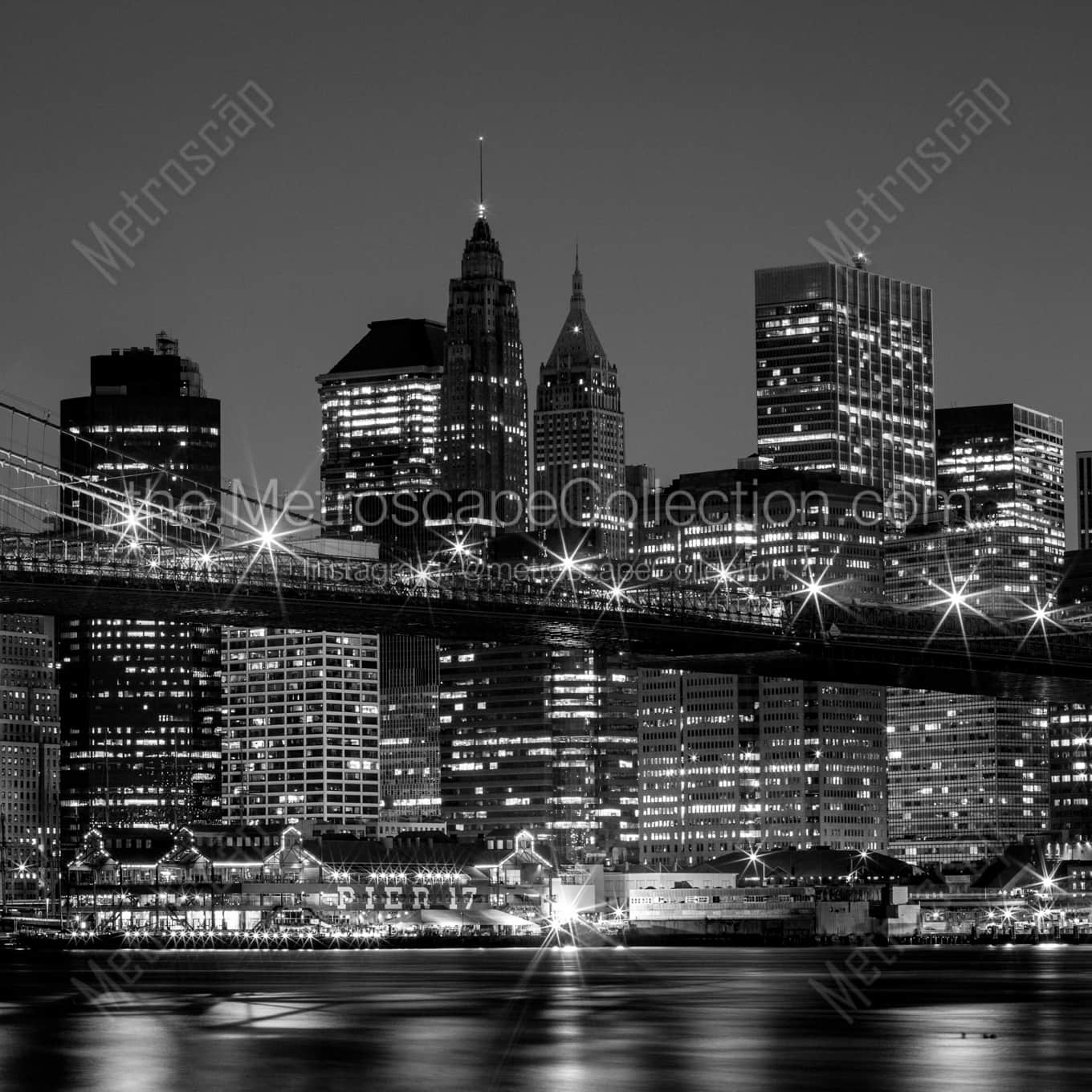 Downtown Manhattan Skyline without Brooklyn Bridge night time black and white Photography square crop