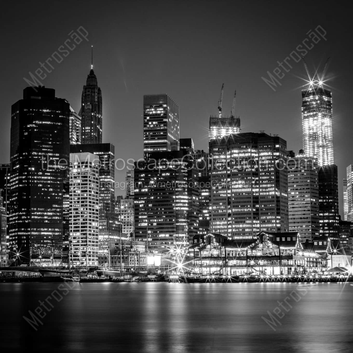 The South Street Seaport and Manhattan Financial District night time black and white Photography square crop