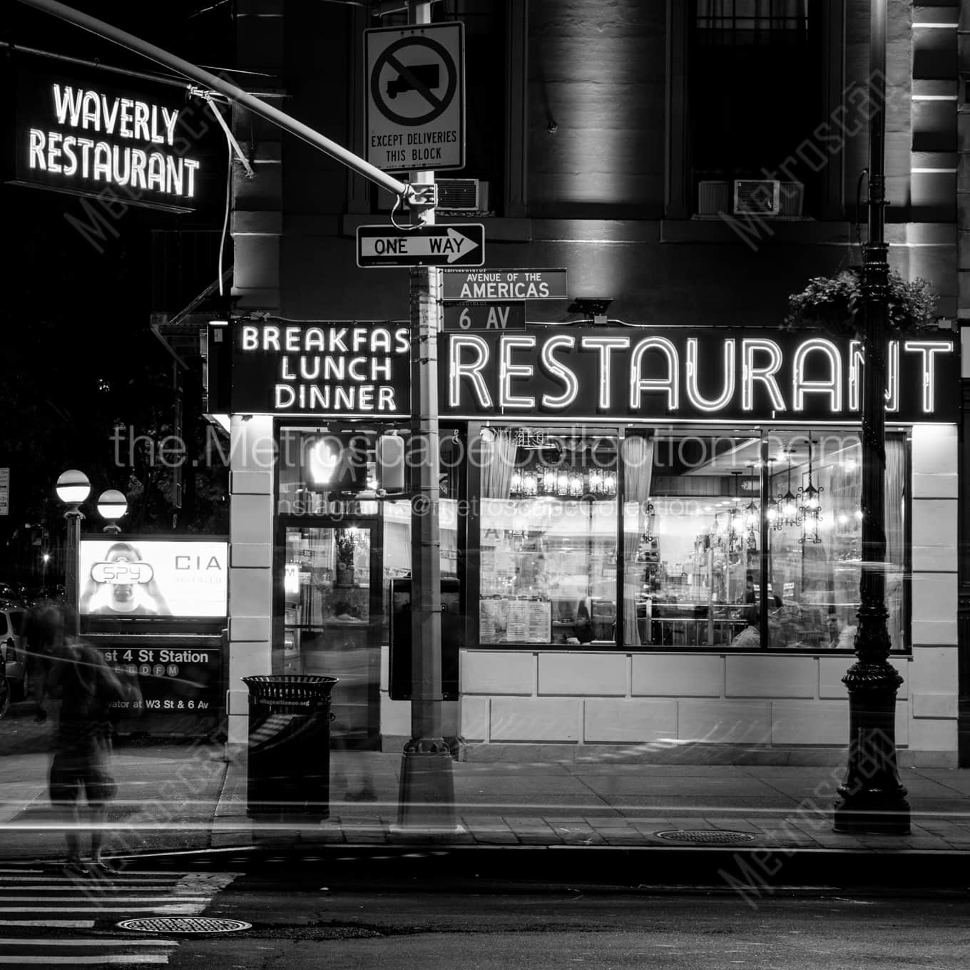 The Waverly Restaurant on 6th Avenue night time black and white Photography square crop