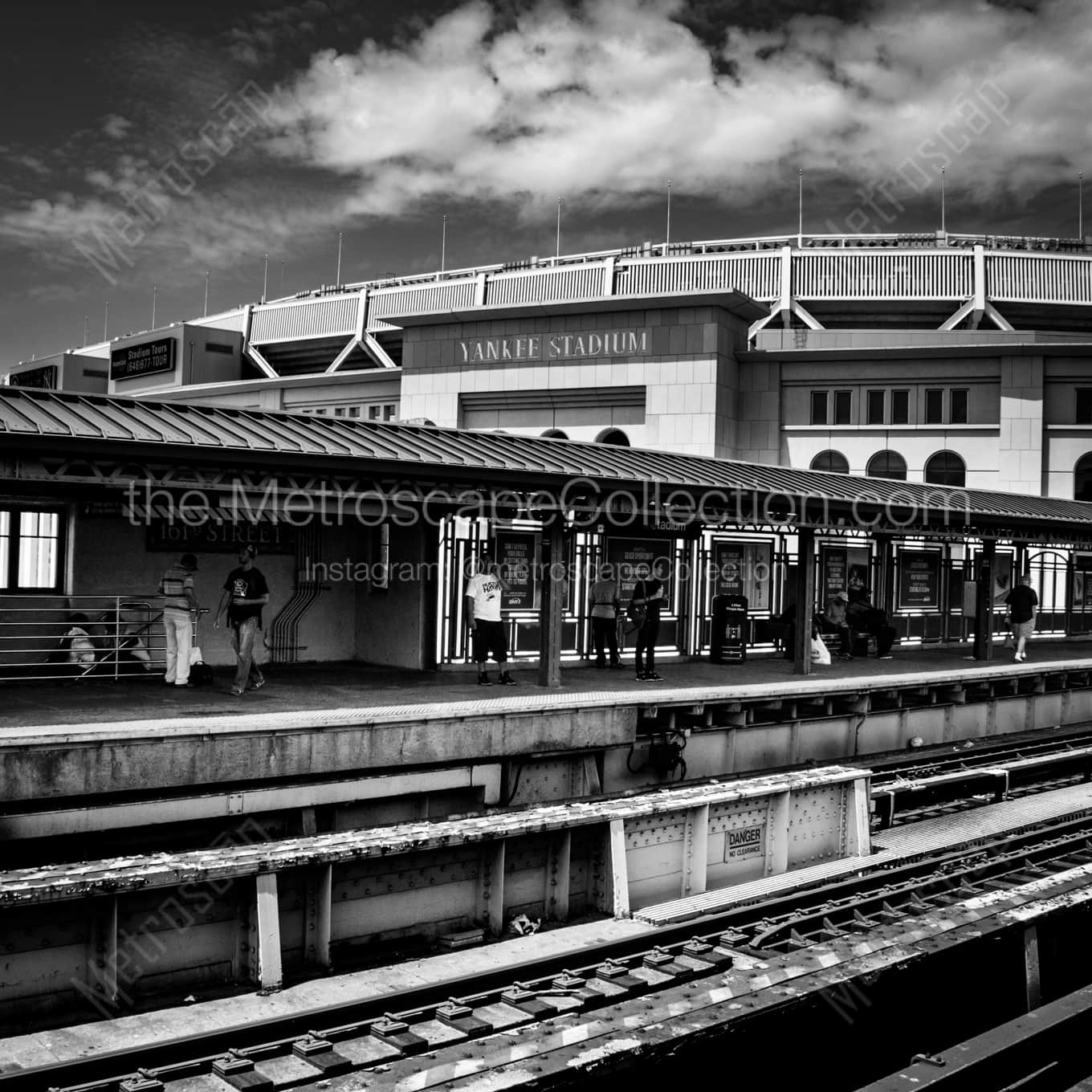 New Yankee Stadium from the Train Station night time black and white Photography square crop