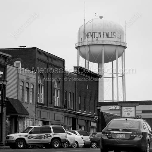 Matte Black WOOD Framed Black and White Newton Falls Photograph: Newton Falls Water Tower in a Square Matte Black Wood Frame
