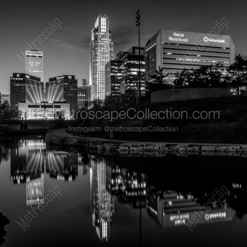 The Omaha Skyline at Night from the Gene Leahy Mall -- Omaha Black and White Photography