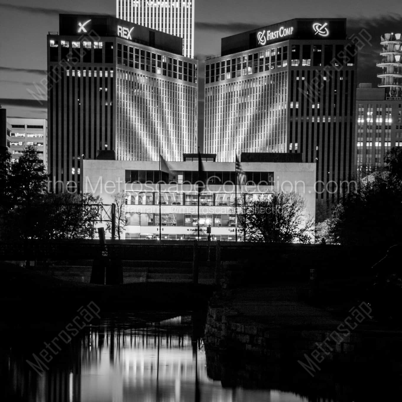 The Dale Clark Library and Central Park Plaza Buildings night time black and white Photography The Dale Clark Library and Central Park Plaza Buildings night time black and white Photography square crop