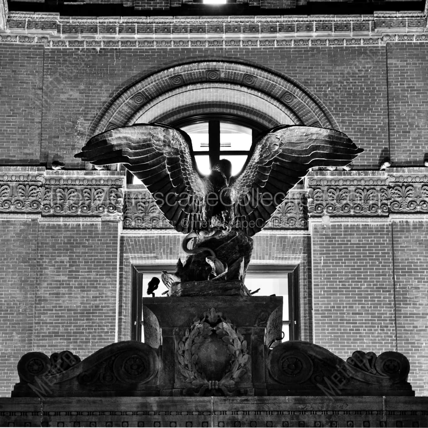 A Bronze Eagle with Spread Open Wings night time black and white Photography square crop