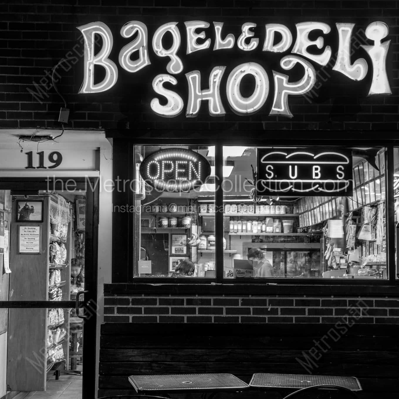 Oxford\'s Famous Bagel and Deli Shop at Night night time black and white Photography square crop