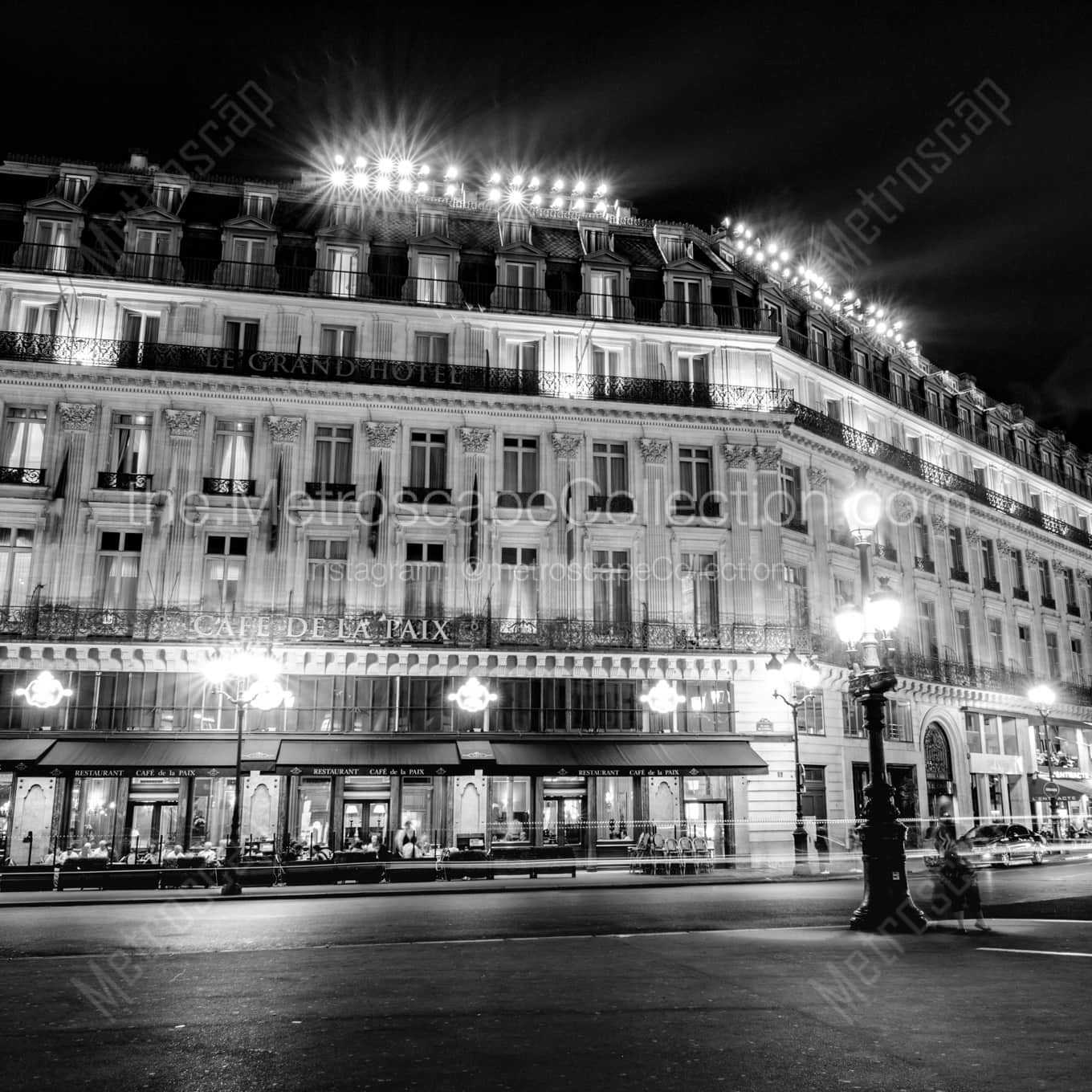 The Grande Hotel and Cafe de la Paix night time black and white Photography square crop