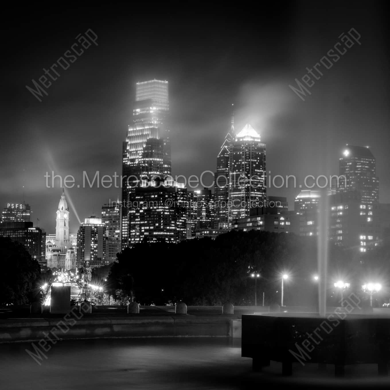 The Philadelphia Skyline under Heavy Fog night time black and white Photography square crop