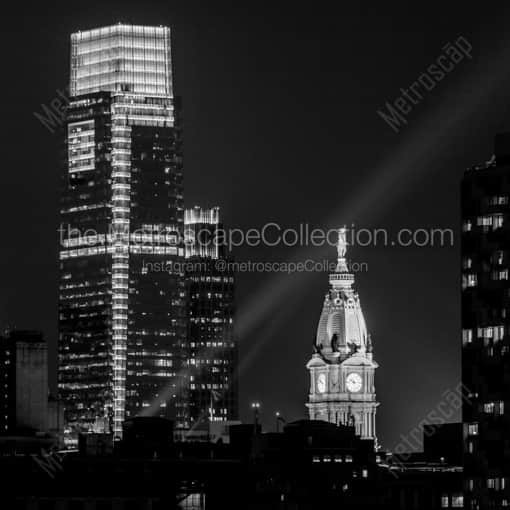The Comcast Tower and Philadelphia City Hall at Night -- Philadelphia Black and White Photography