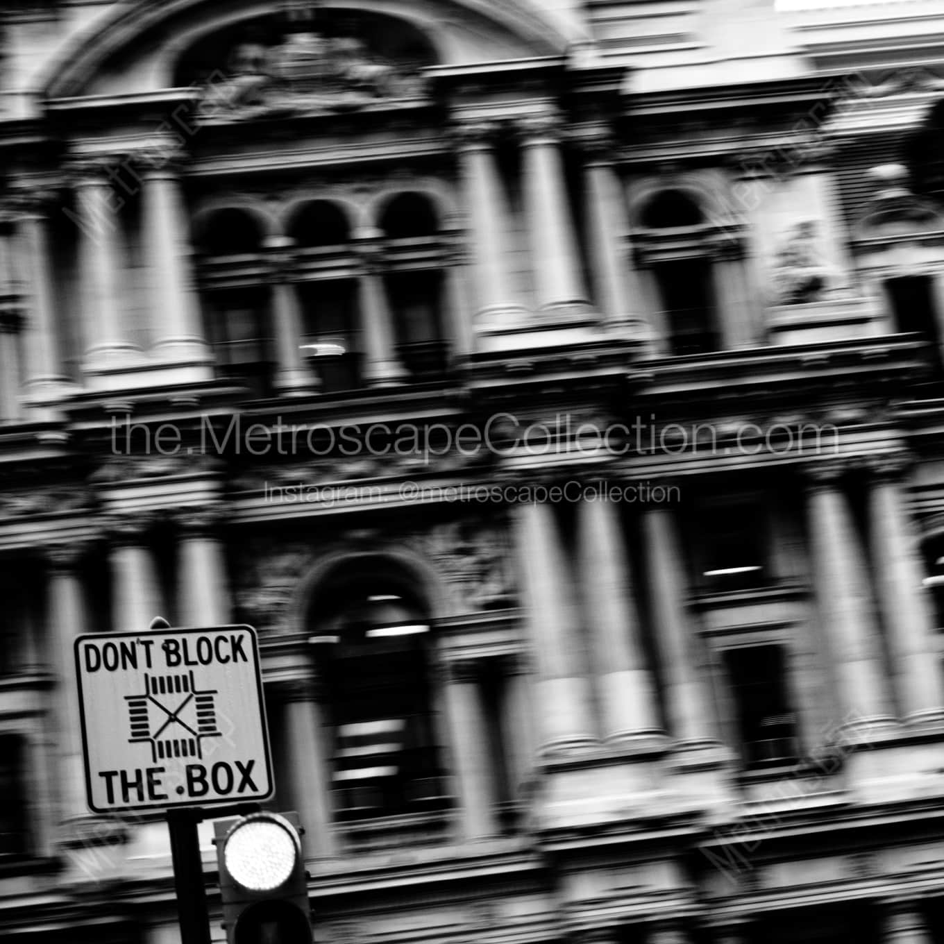 Dont Block the Box Sign in front of Philadelphia City Hall night time black and white Photography square crop