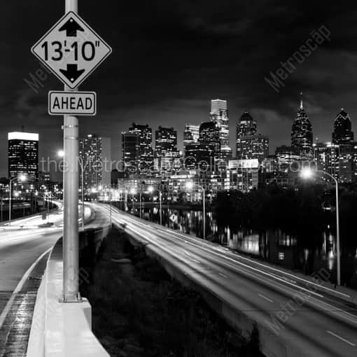 The NEW Philly Skyline over Interstate 76 Northbound -- Philadelphia Black and White Photography