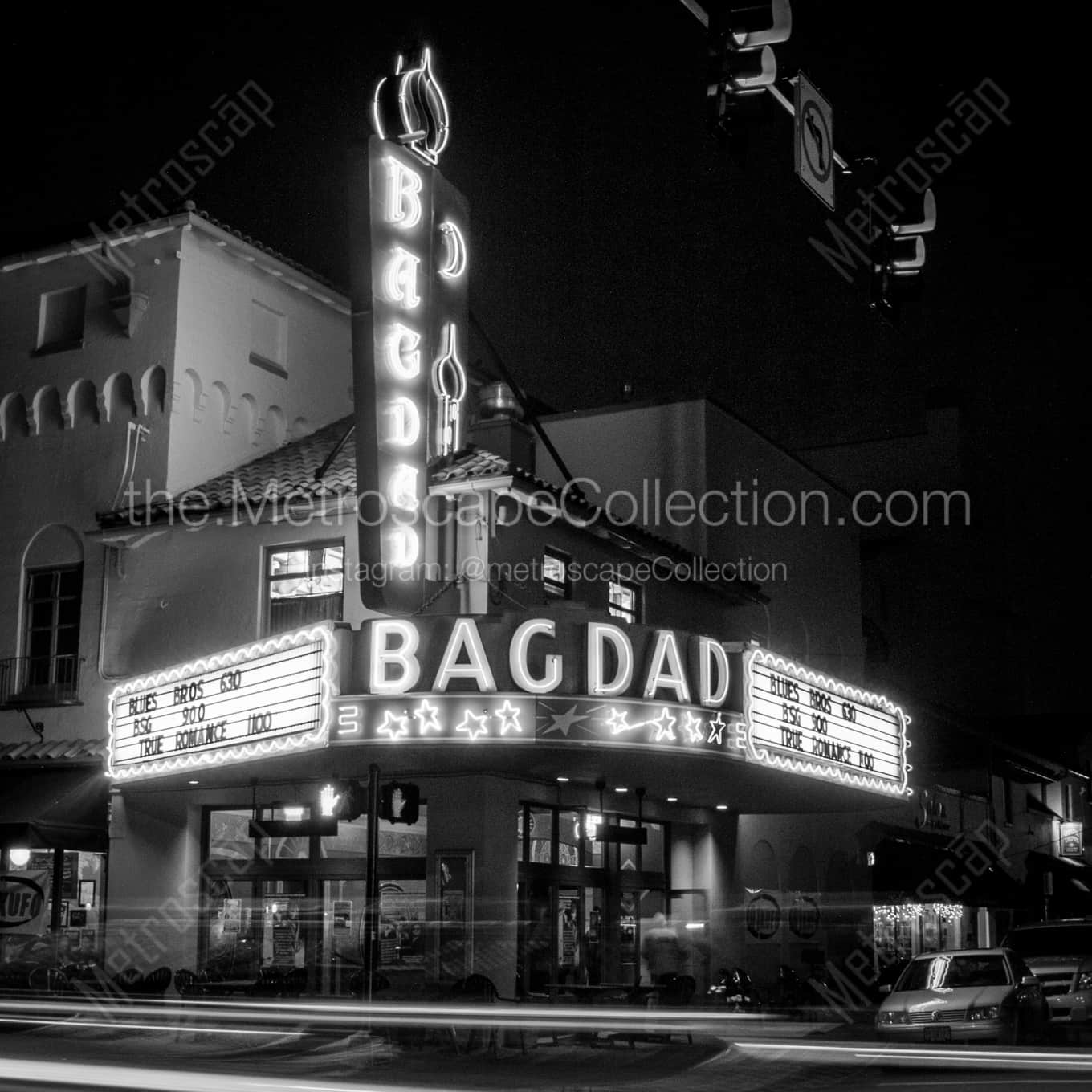 The Bagdad Theater in Portland night time black and white Photography square crop